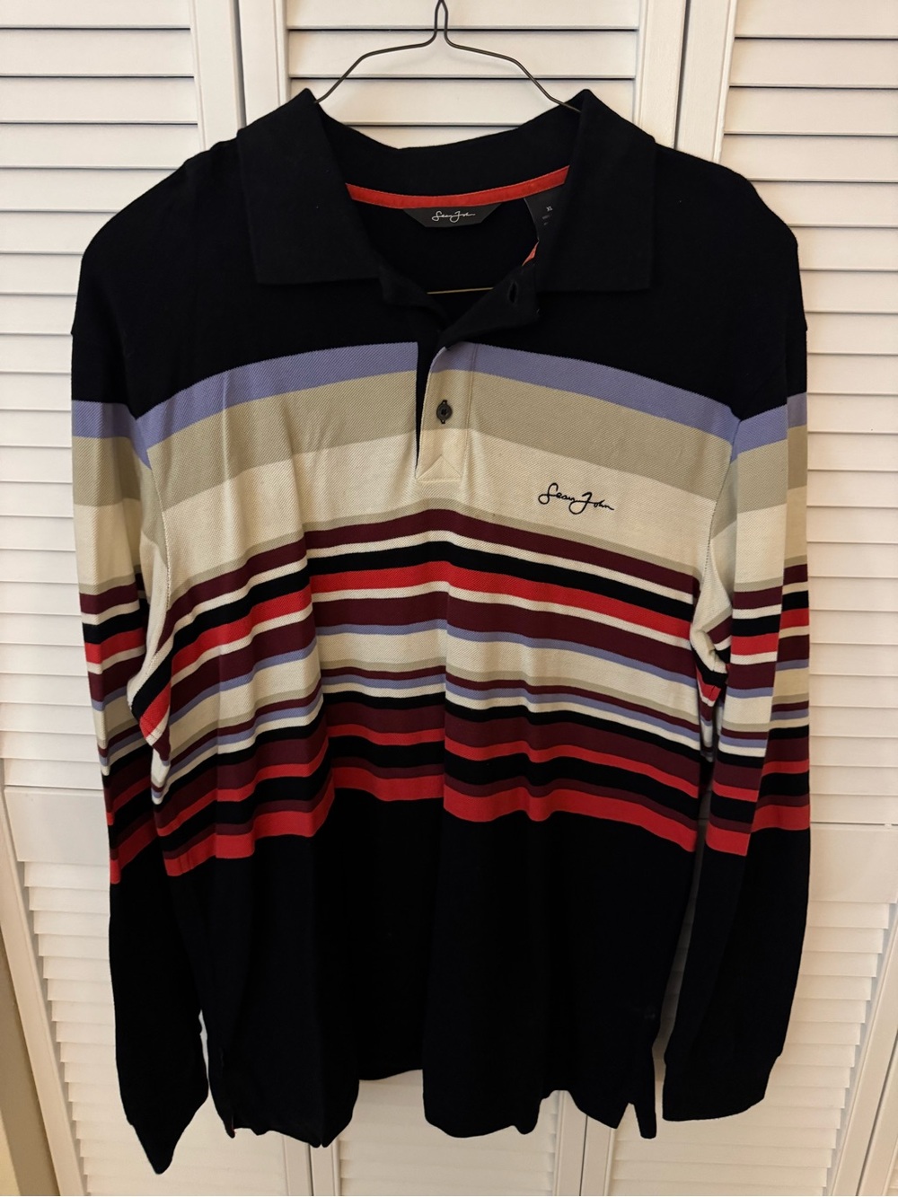 Sean John Black Long-Sleeve Polo with Multicolor Stripes